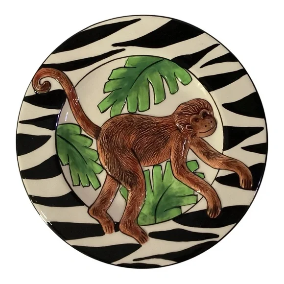 Becca Signature Collection Monkey Lunch Plates Set of 4 Zebra Rim 8” USA - Picture 2 of 8